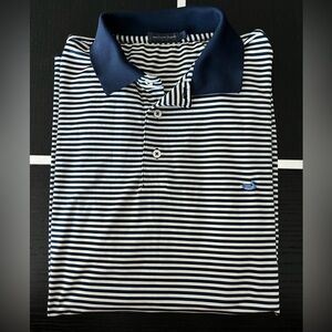 Men’s navy and white stripped polo.
